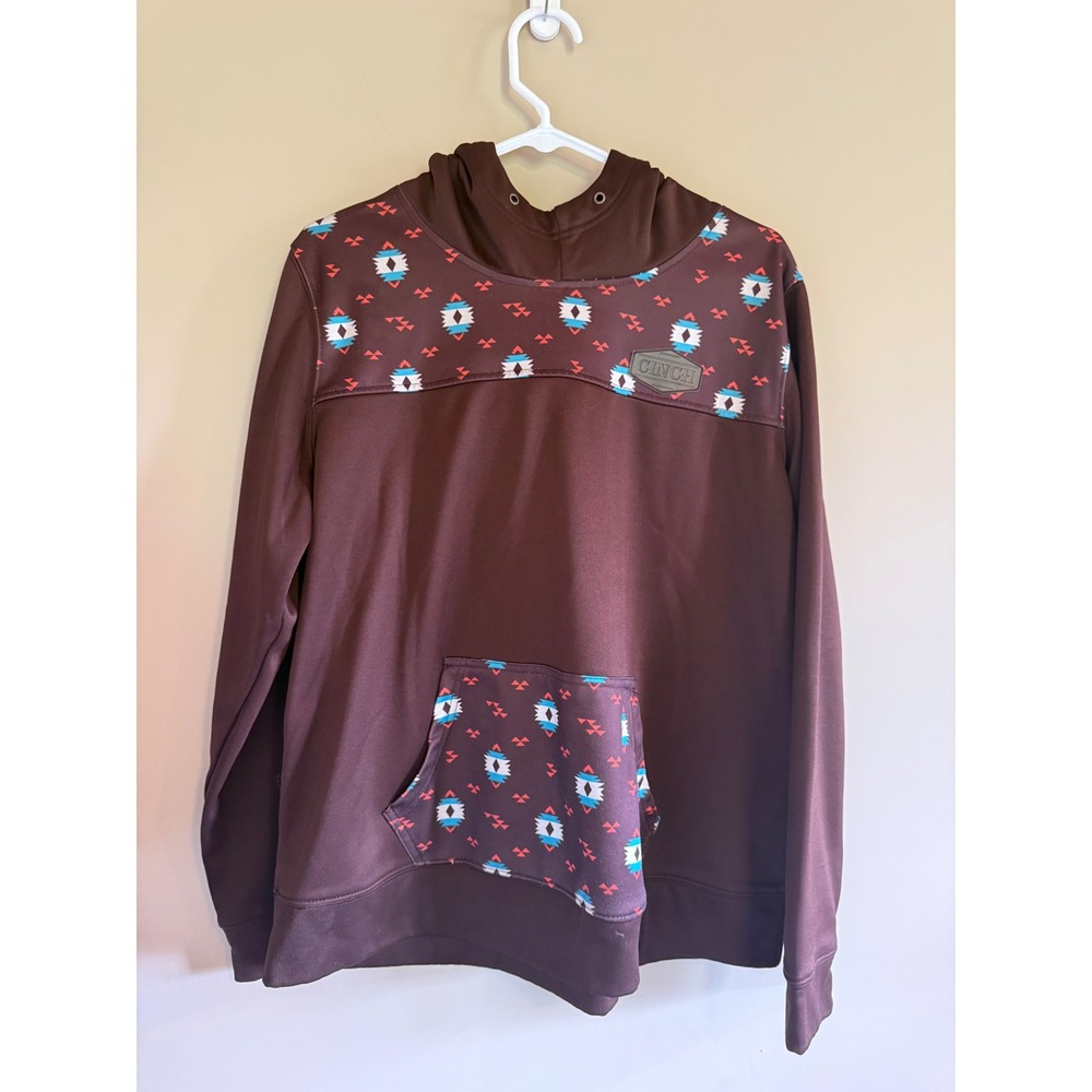 Cinch‎ Womens Brown Southwestern Print Tech Fleece Hoodie Sweatshirt Size Large